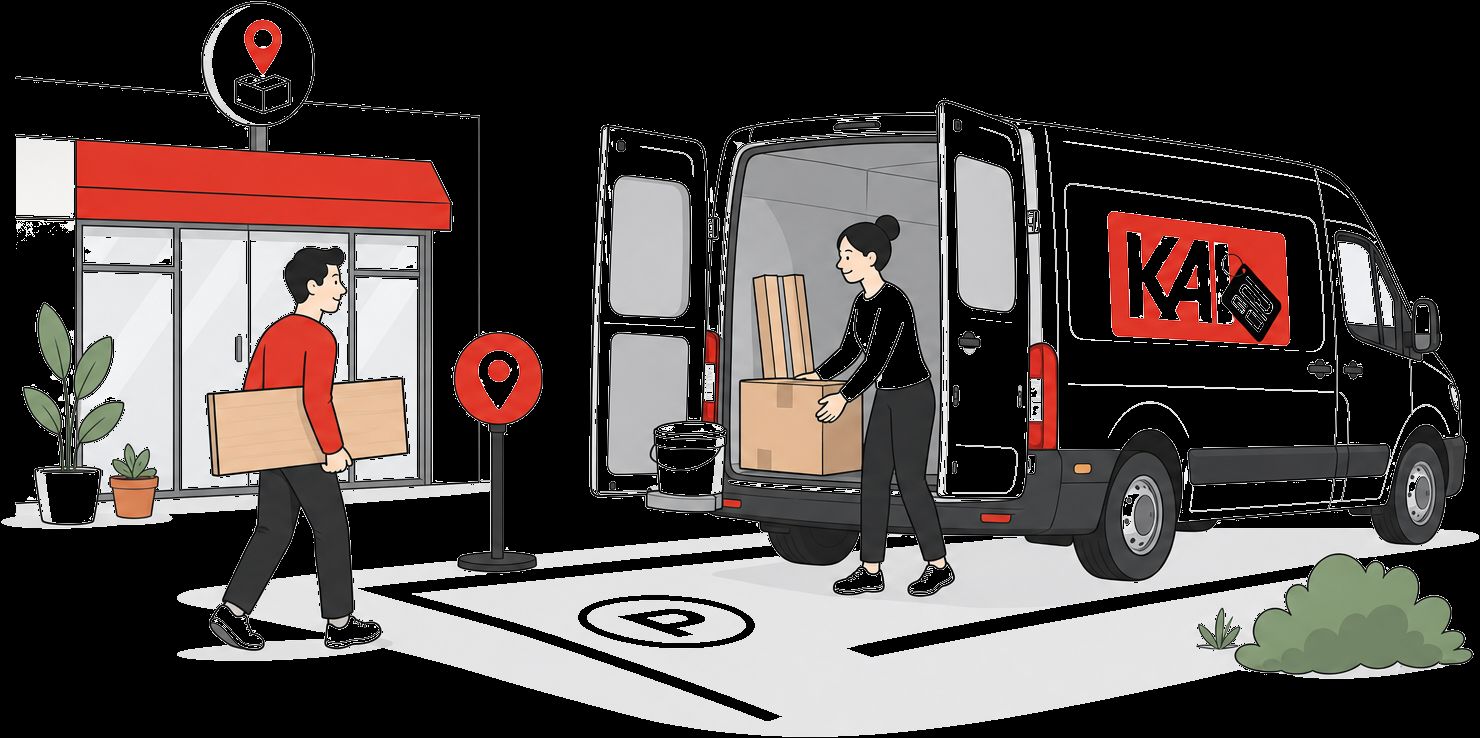Illustratie van een KAV2GO pick up point met bestelbus, parkeren en laden bij Makro in Breda